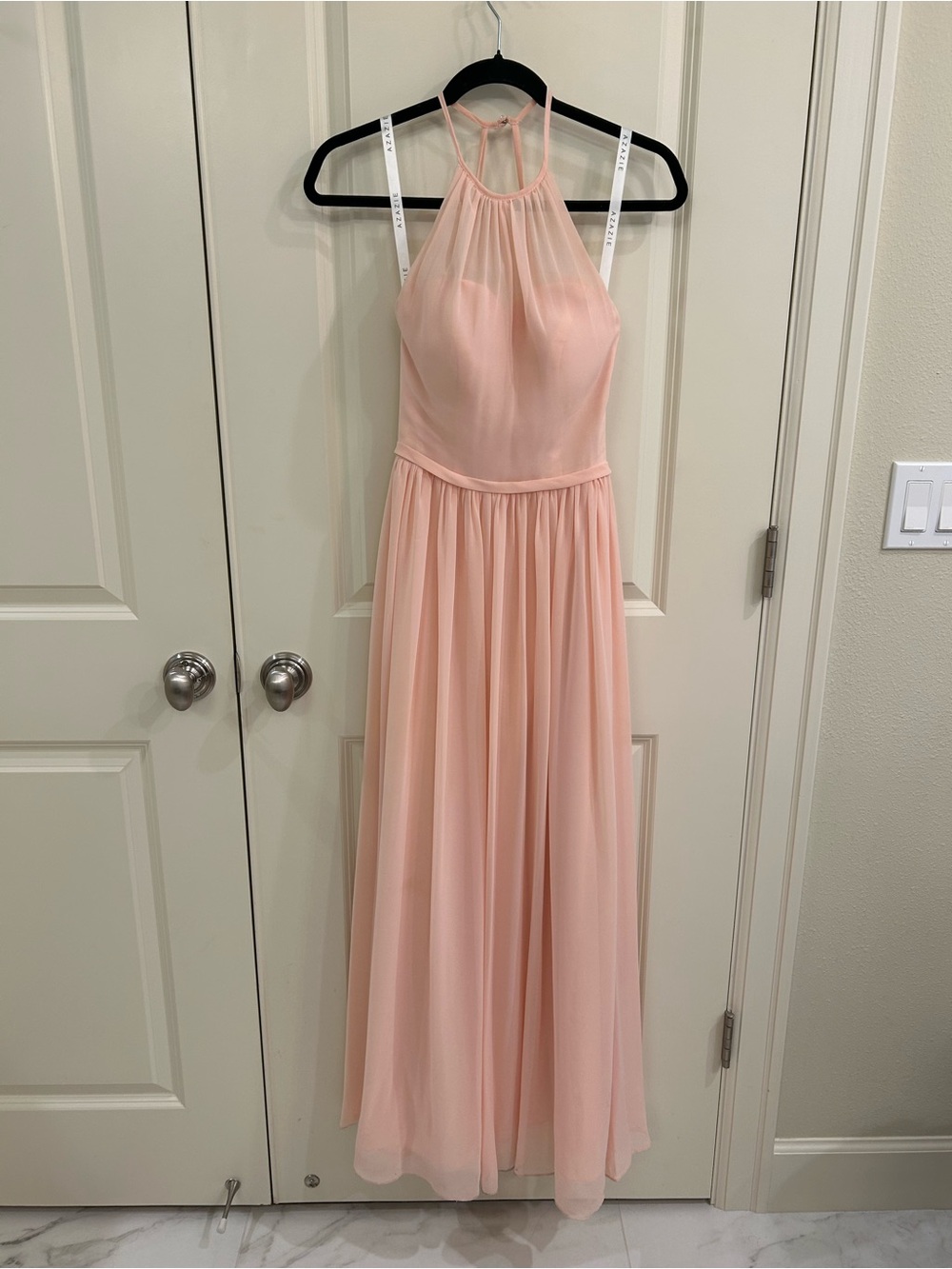 Azazie Blush Pink Halter Chiffon Maxi Dress